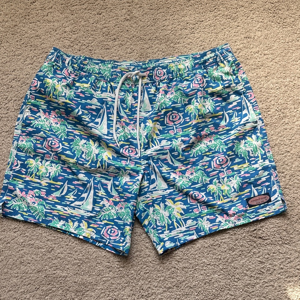 Vineyard Vines Blue Tropical Print Swim Trunks